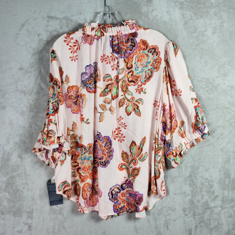 Democracy Button Down Blouse Womens Plus 3X Pink Floral Boho Peasant Cottagecore - Picture 2 of 9